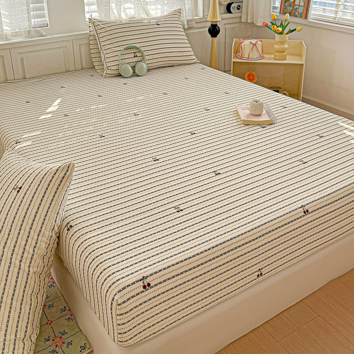 91家纺网 家纺一手货源 找家纺 温眠家纺 2026新款古法水洗棉加厚高克重双层纱单床笠床笠单件单品床笠 樱之桃桃