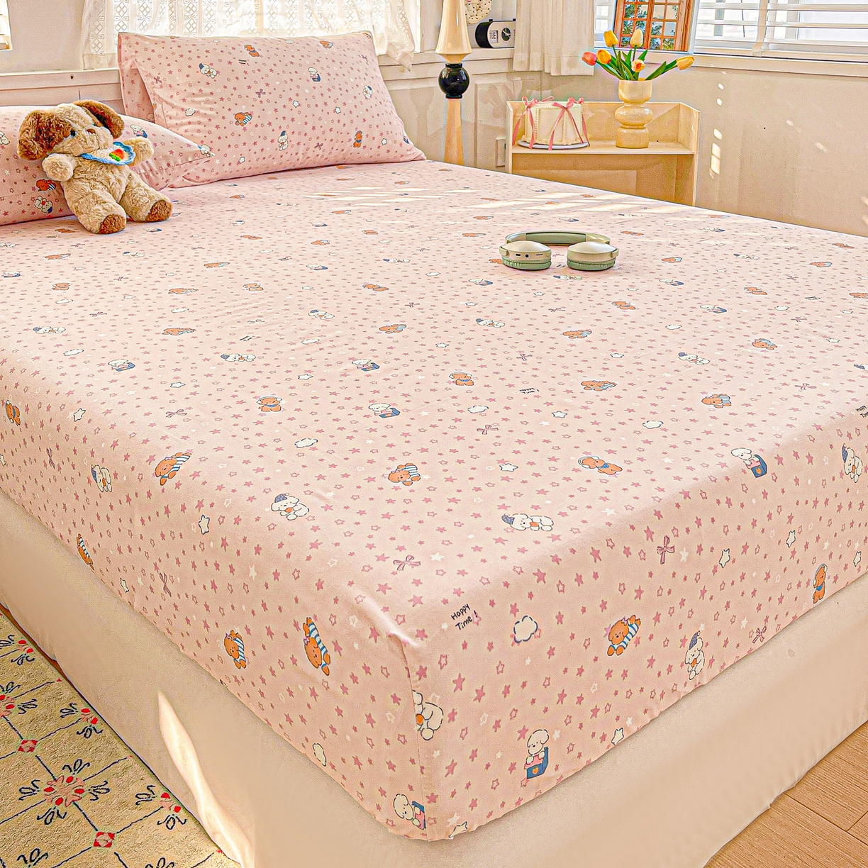 91家纺网 家纺一手货源 找家纺 温眠家纺 2026新款古法水洗棉加厚高克重双层纱单床笠床笠单件单品床笠 汪星人