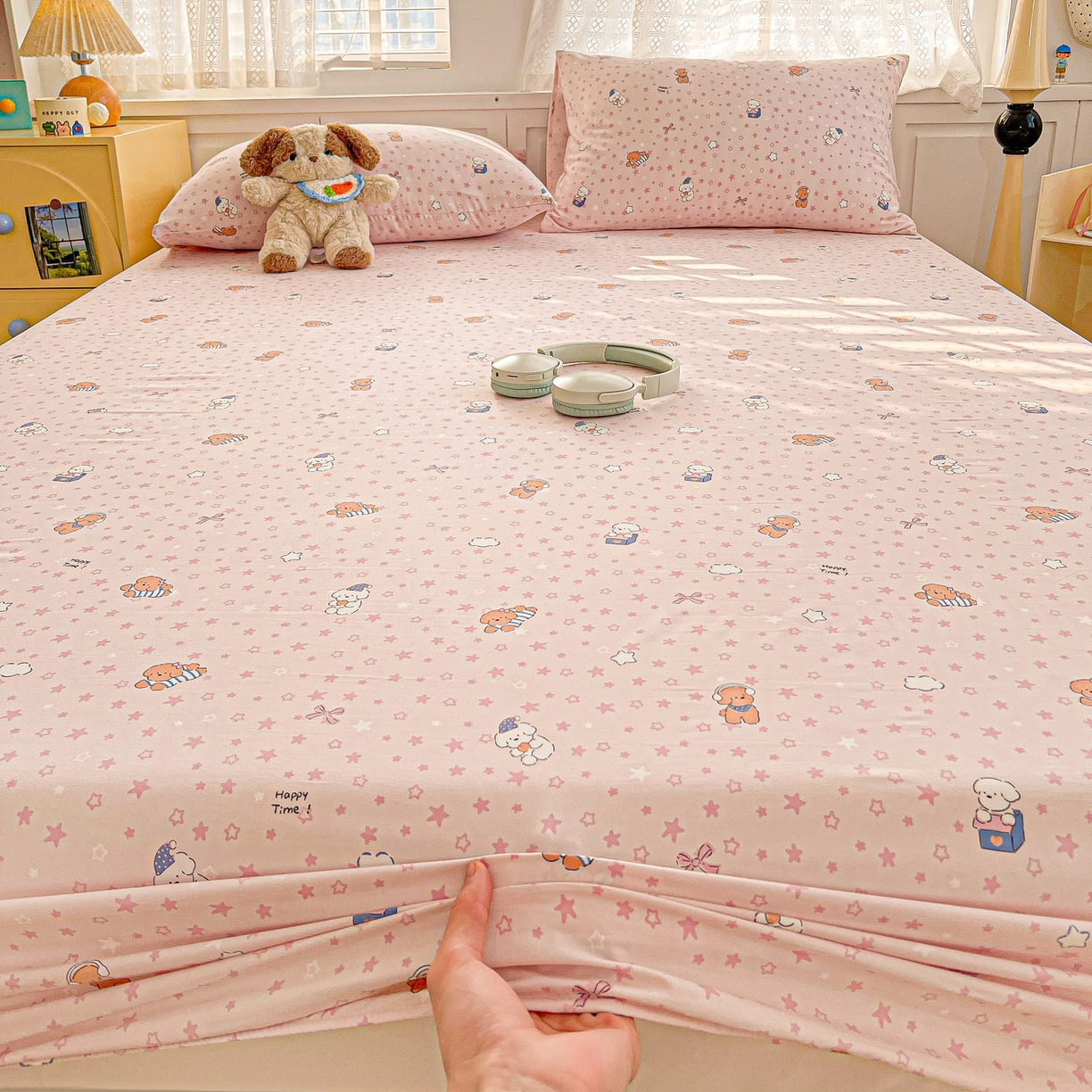 91家纺网 家纺一手货源 找家纺 温眠家纺 2026新款古法水洗棉加厚高克重双层纱单床笠床笠单件单品床笠 汪星人