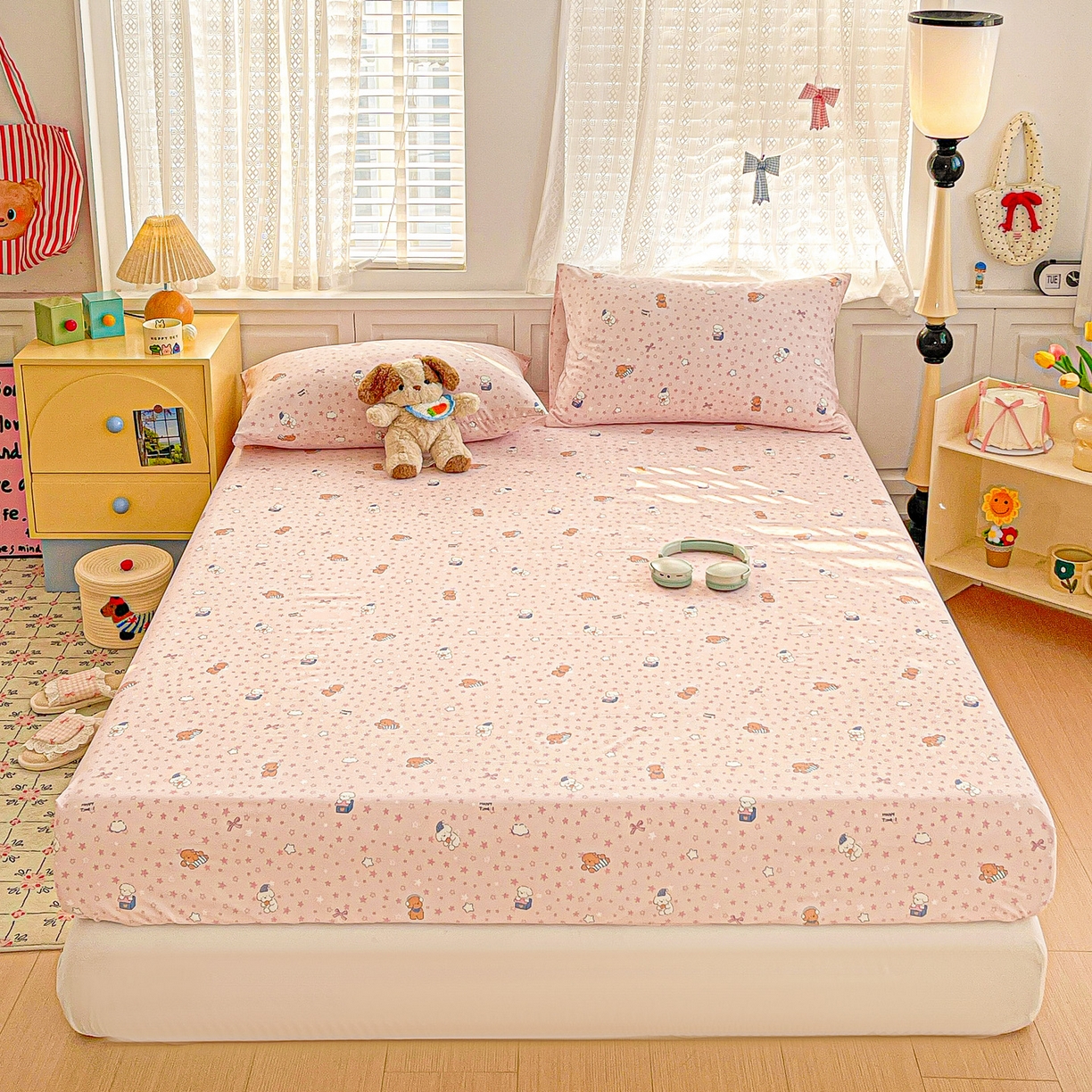 91家纺网 家纺一手货源 找家纺 温眠家纺 2026新款古法水洗棉加厚高克重双层纱单床笠床笠单件单品床笠 汪星人