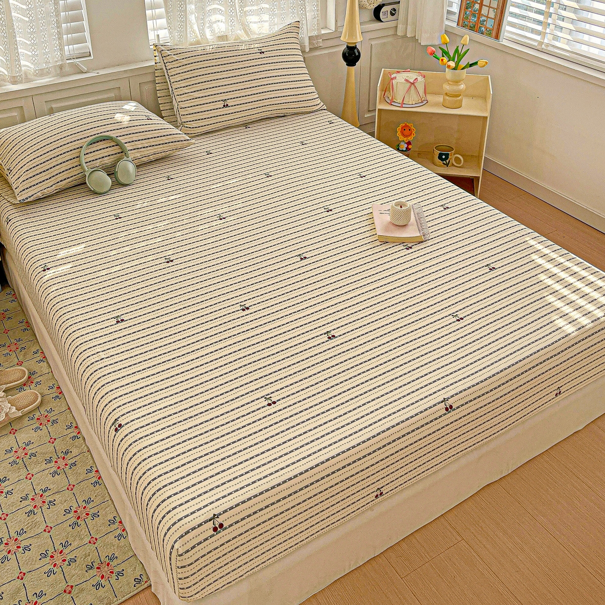 91家纺网 家纺一手货源 找家纺 温眠家纺 2026新款古法水洗棉加厚高克重双层纱单床笠床笠单件单品床笠 樱之桃桃