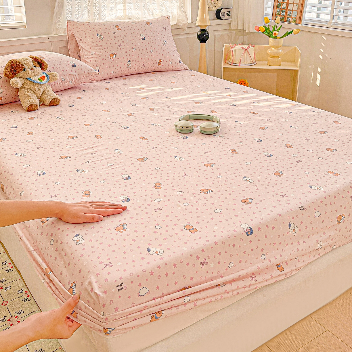 91家纺网 家纺一手货源 找家纺 温眠家纺 2026新款古法水洗棉加厚高克重双层纱单床笠床笠单件单品床笠 汪星人