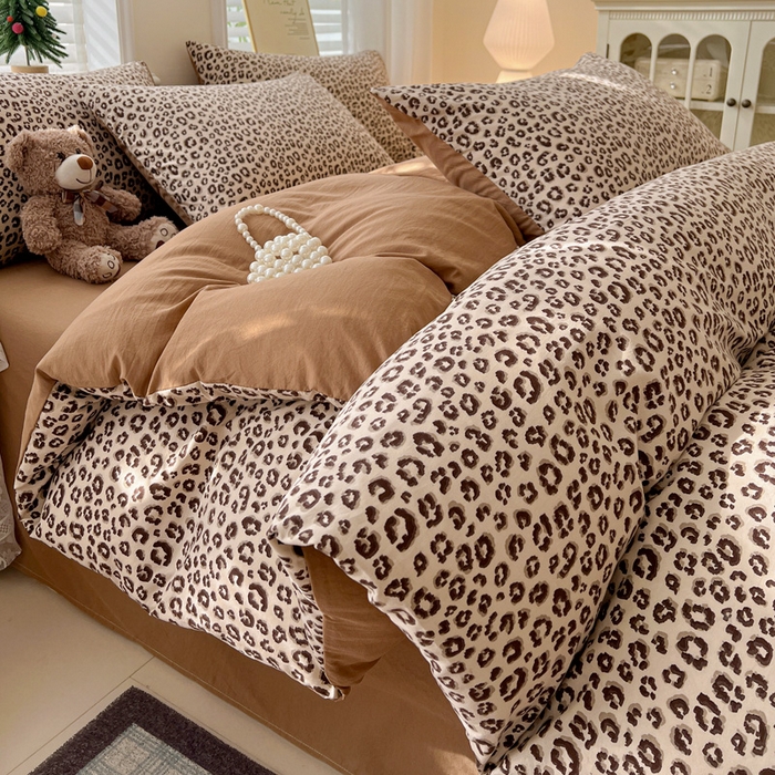 温眠家纺 2026新款A类古法水洗仿棉云感棉加厚四件套 豹纹