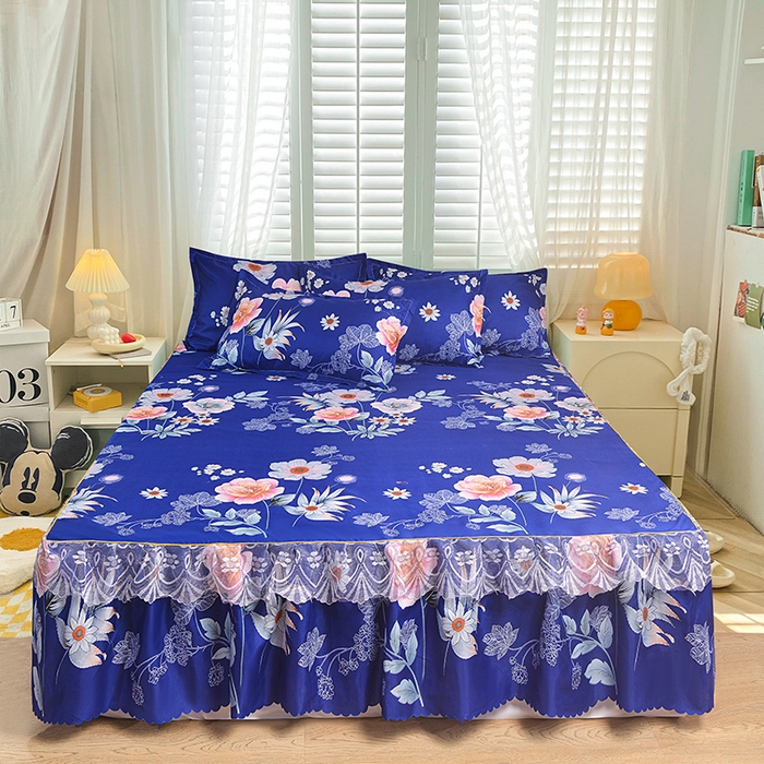 小雨家纺 2026新款亲肤芦荟棉外贸蕾丝花边床裙 百花齐放蓝