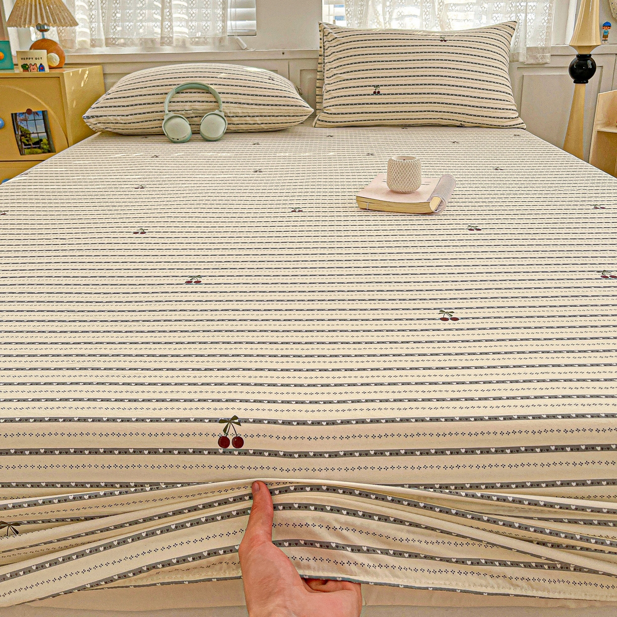 91家纺网 家纺一手货源 找家纺 温眠家纺 2026新款古法水洗棉加厚高克重双层纱单床笠床笠单件单品床笠 樱之桃桃