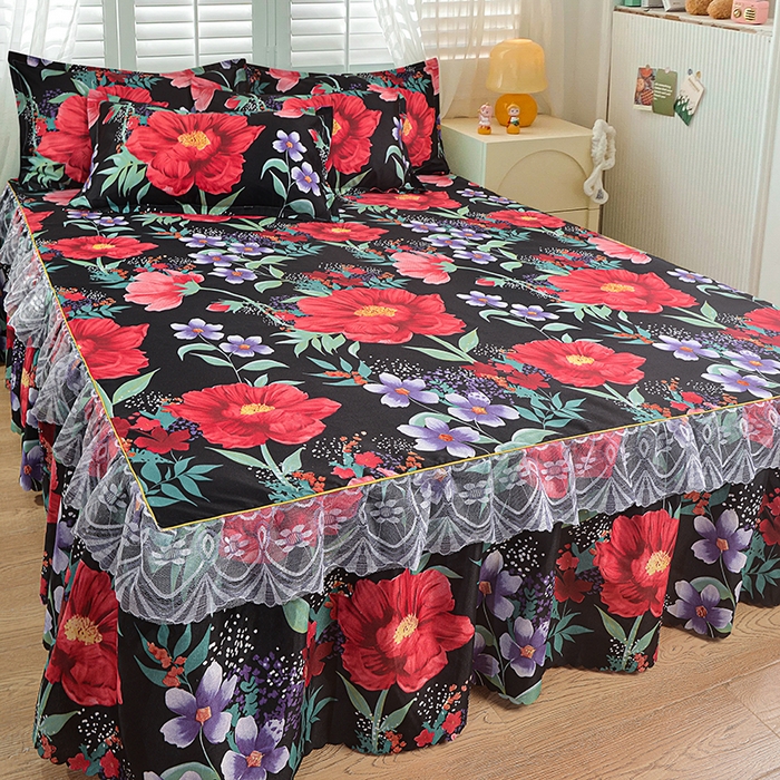 91家纺网 家纺一手货源 找家纺 小雨家纺 2026新款亲肤芦荟棉外贸蕾丝花边床裙 知己