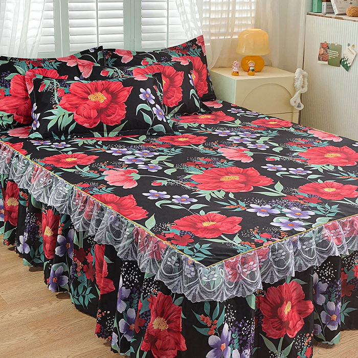 91家纺网 家纺一手货源 找家纺 小雨家纺 2026新款亲肤芦荟棉外贸蕾丝花边床裙 知己