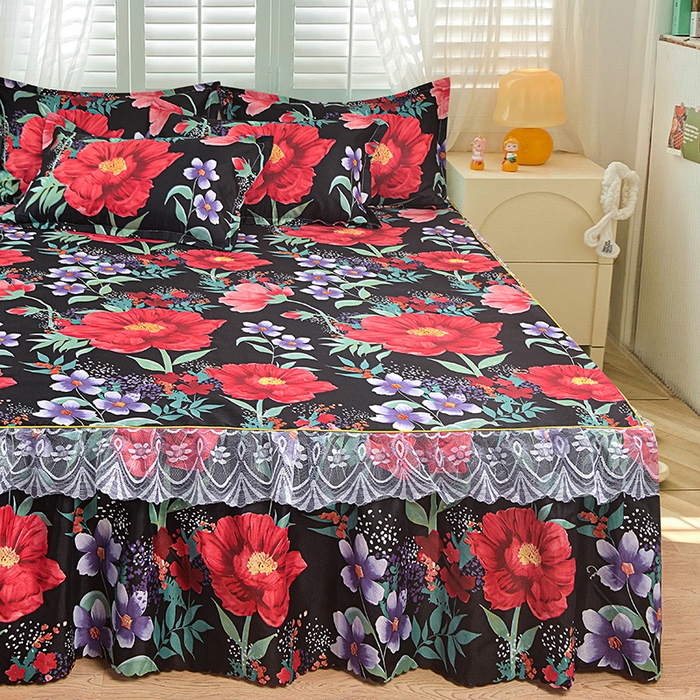 91家纺网 家纺一手货源 找家纺 小雨家纺 2026新款亲肤芦荟棉外贸蕾丝花边床裙 知己