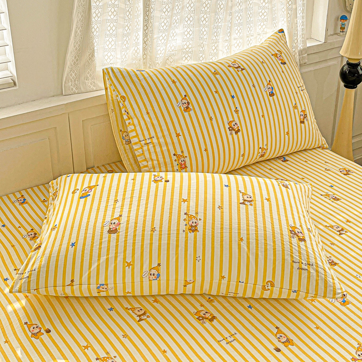 91家纺网 家纺一手货源 找家纺 温眠家纺 2026新款古法水洗棉加厚高克重双层纱单床笠床笠单件单品床笠 星星人