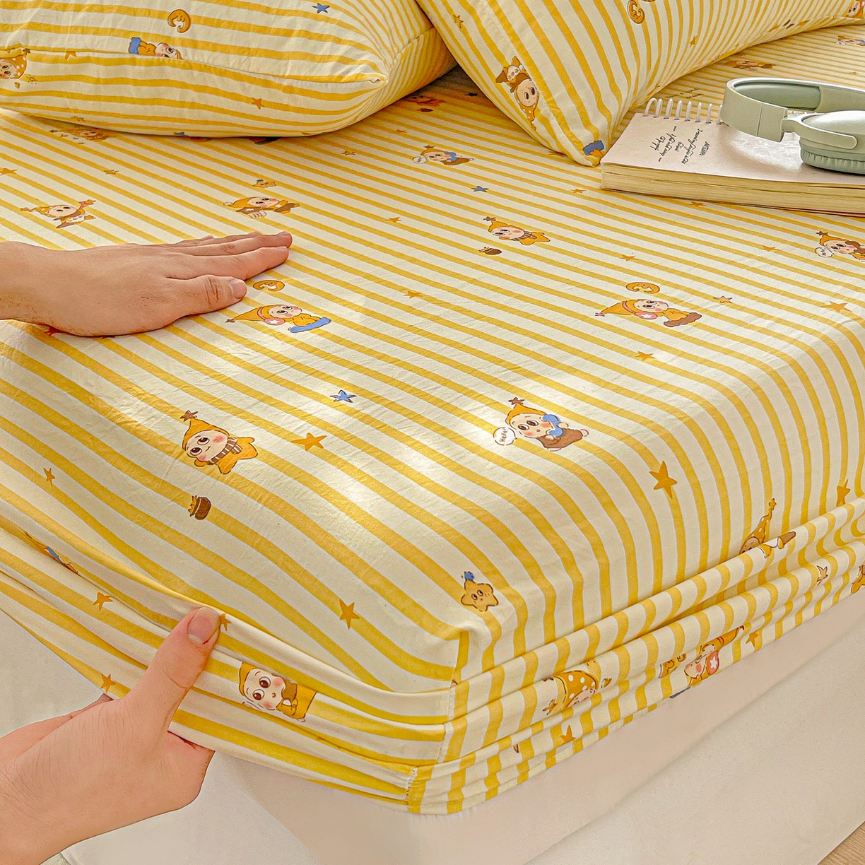 91家纺网 家纺一手货源 找家纺 温眠家纺 2026新款古法水洗棉加厚高克重双层纱单床笠床笠单件单品床笠 星星人