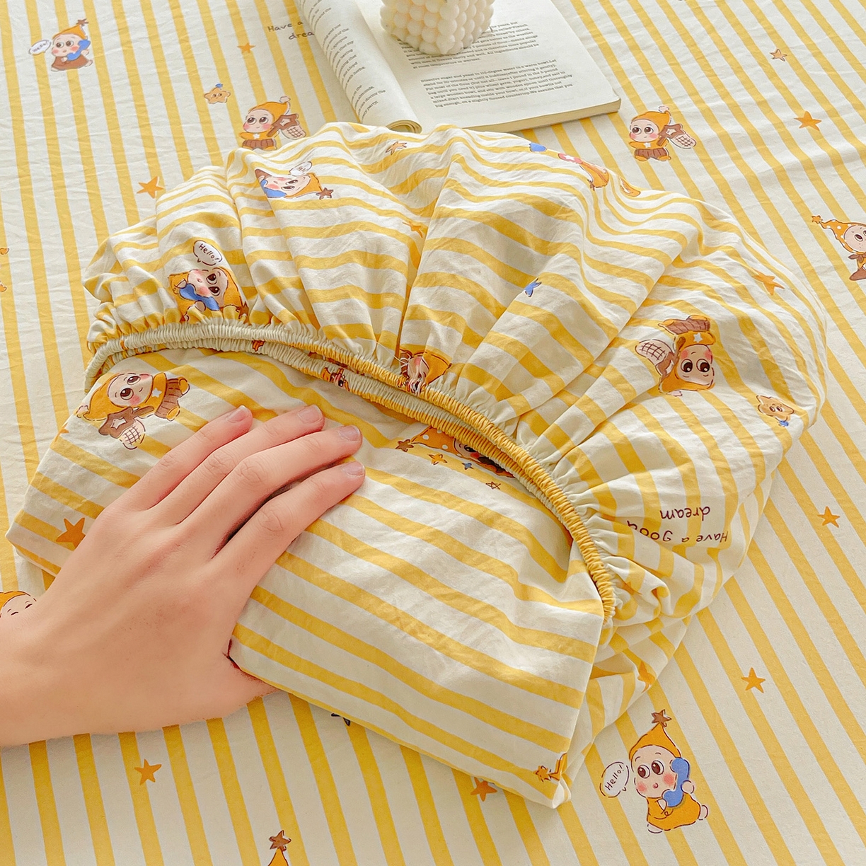 温眠家纺 2026新款古法水洗棉加厚高克重双层纱单床笠床笠单件单品床笠 星星人