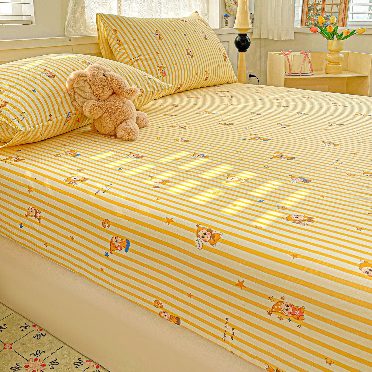 91家纺网 家纺一手货源 找家纺 温眠家纺 2026新款古法水洗棉加厚高克重双层纱单床笠床笠单件单品床笠 星星人