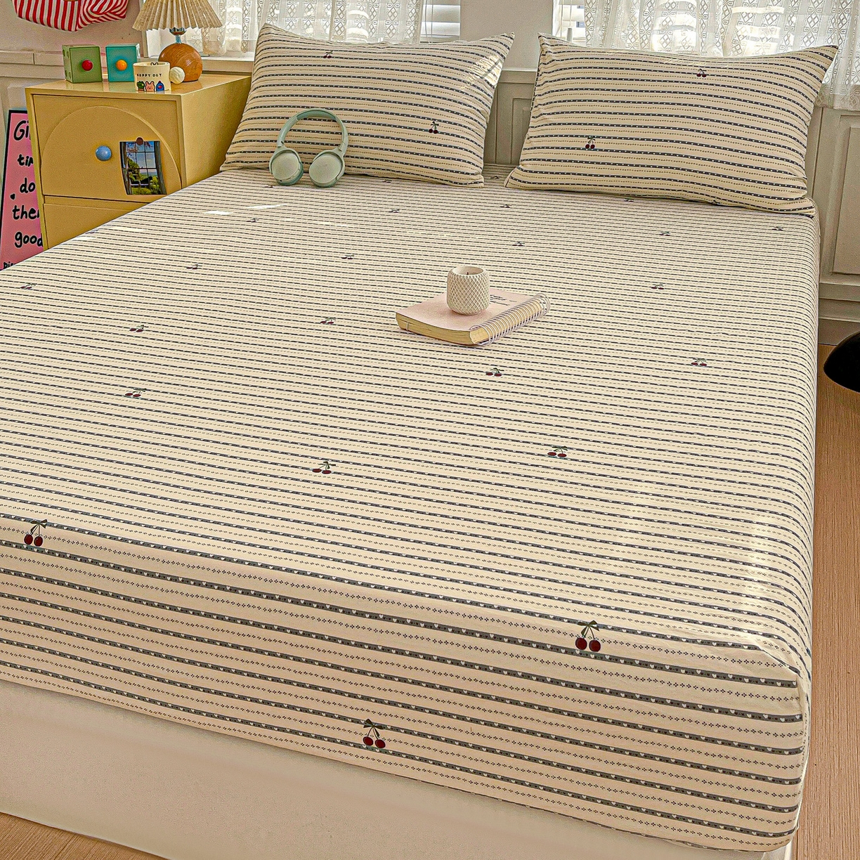 91家纺网 家纺一手货源 找家纺 温眠家纺 2026新款古法水洗棉加厚高克重双层纱单床笠床笠单件单品床笠 樱之桃桃