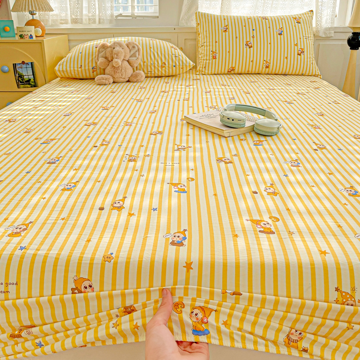 91家纺网 家纺一手货源 找家纺 温眠家纺 2026新款古法水洗棉加厚高克重双层纱单床笠床笠单件单品床笠 星星人