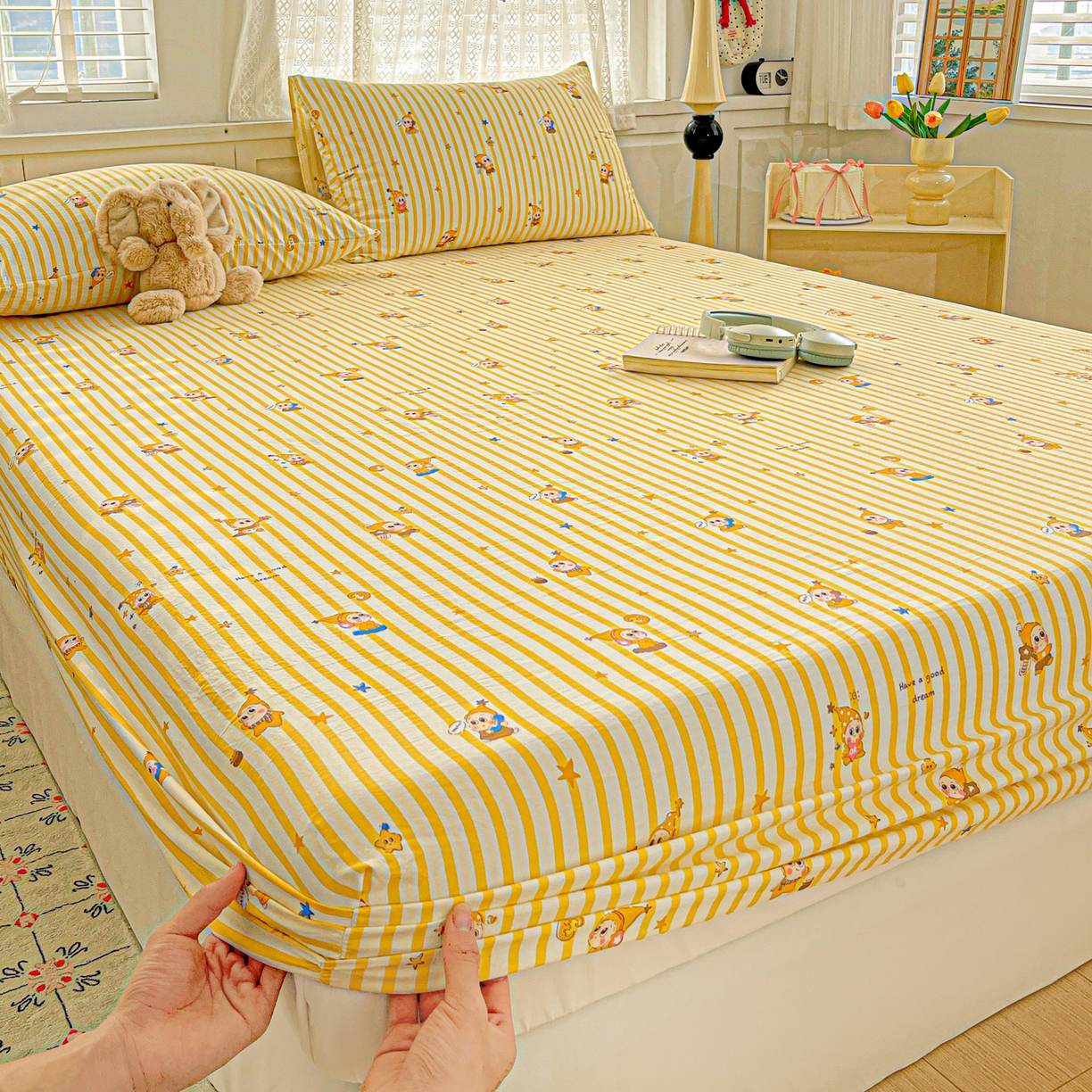 91家纺网 家纺一手货源 找家纺 温眠家纺 2026新款古法水洗棉加厚高克重双层纱单床笠床笠单件单品床笠 星星人