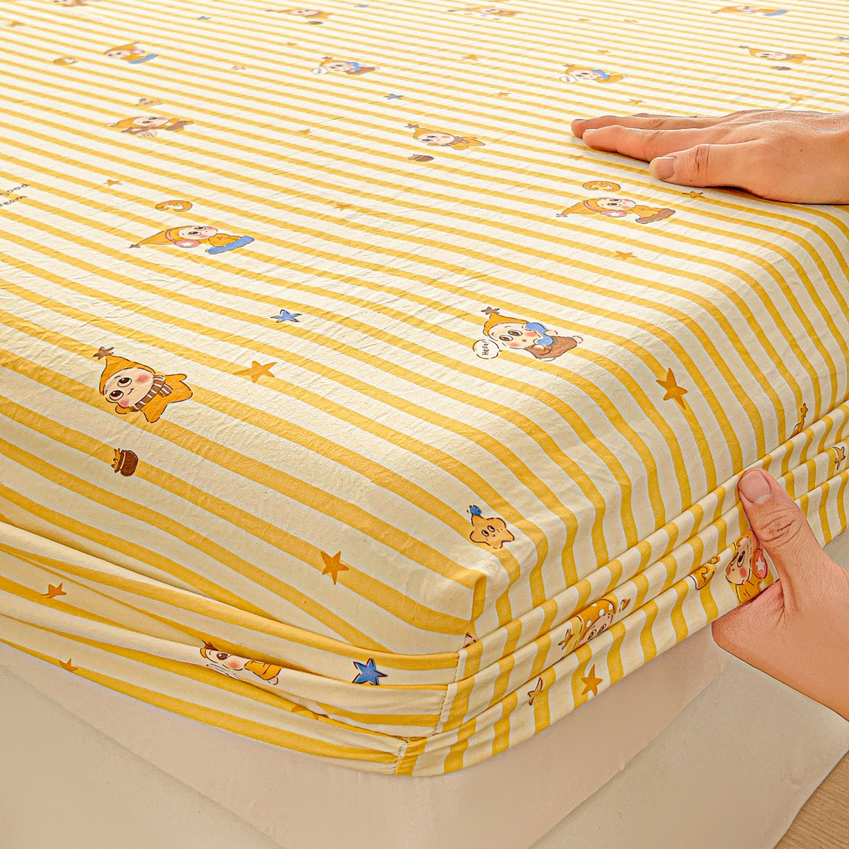 91家纺网 家纺一手货源 找家纺 温眠家纺 2026新款古法水洗棉加厚高克重双层纱单床笠床笠单件单品床笠 星星人