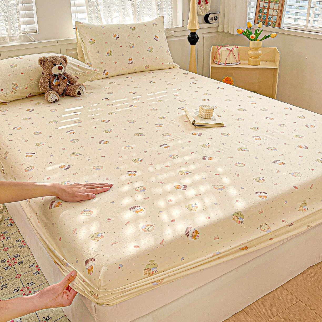 91家纺网 家纺一手货源 找家纺 温眠家纺 2026新款古法水洗棉加厚高克重双层纱单床笠床笠单件单品床笠 蛋糕小猫