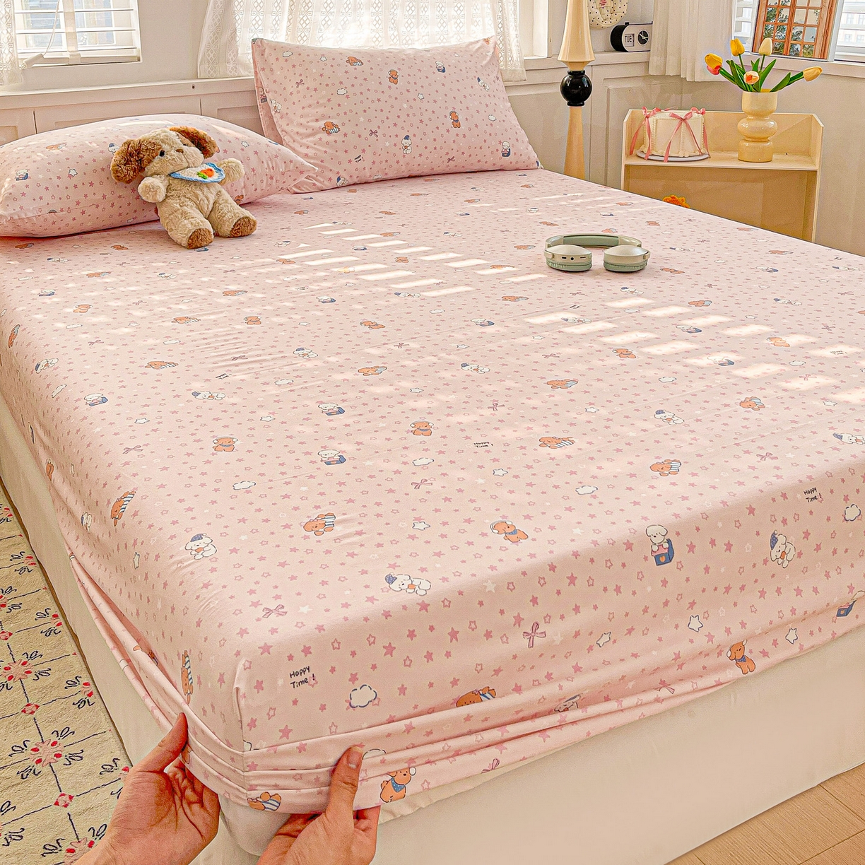 91家纺网 家纺一手货源 找家纺 温眠家纺 2026新款古法水洗棉加厚高克重双层纱单床笠床笠单件单品床笠 汪星人