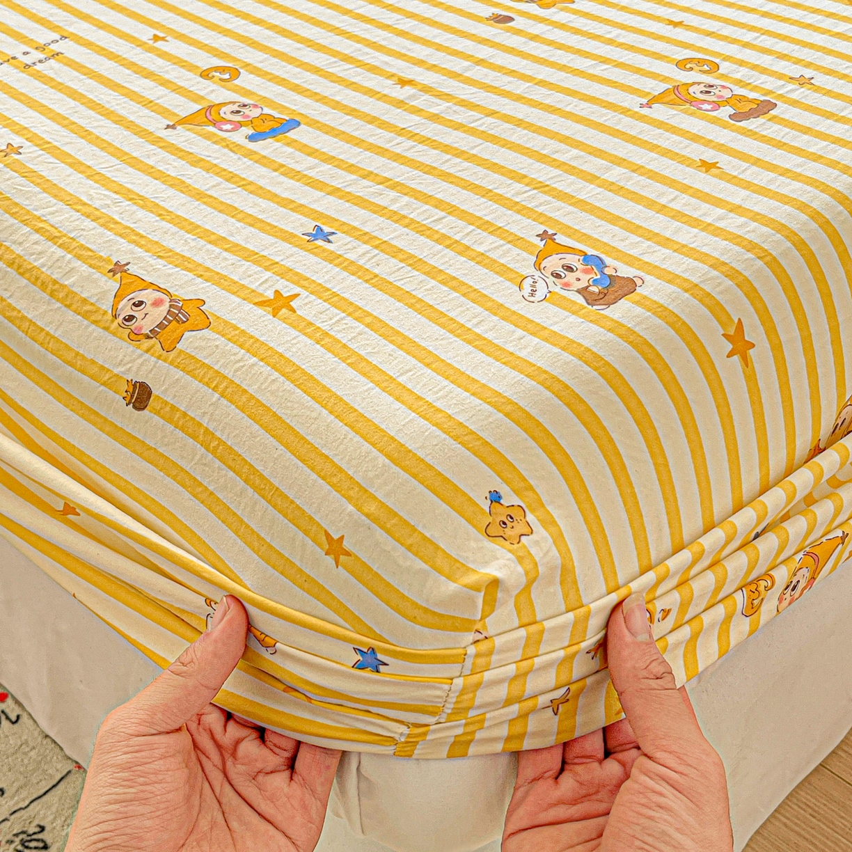 91家纺网 家纺一手货源 找家纺 温眠家纺 2026新款古法水洗棉加厚高克重双层纱单床笠床笠单件单品床笠 星星人