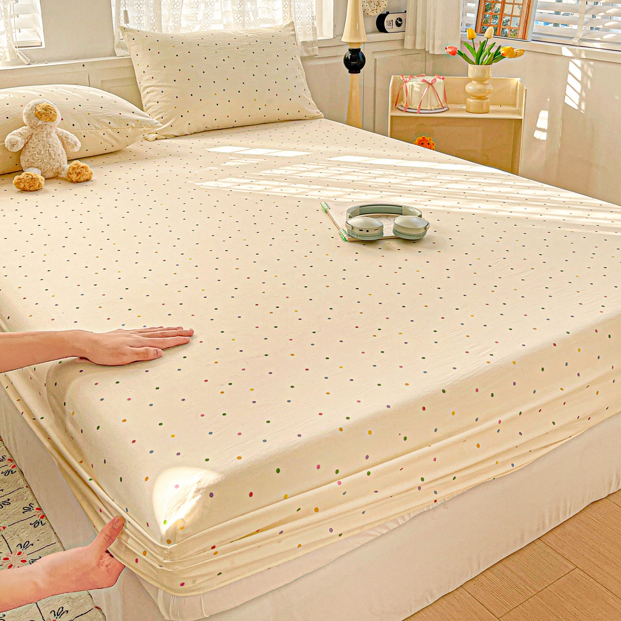 91家纺网 家纺一手货源 找家纺 温眠家纺 2026新款古法水洗棉加厚高克重双层纱单床笠床笠单件单品床笠 彩波波