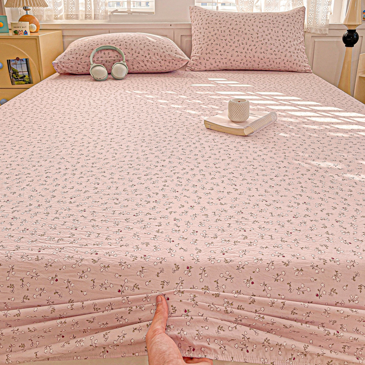 91家纺网 家纺一手货源 找家纺 温眠家纺 2026新款古法水洗棉加厚高克重双层纱单床笠床笠单件单品床笠 花韵