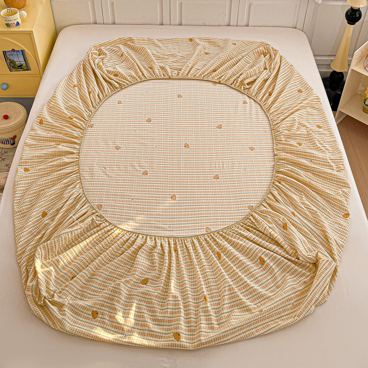 91家纺网 家纺一手货源 找家纺 温眠家纺 2026新款古法水洗棉加厚高克重双层纱单床笠床笠单件单品床笠 条纹南瓜