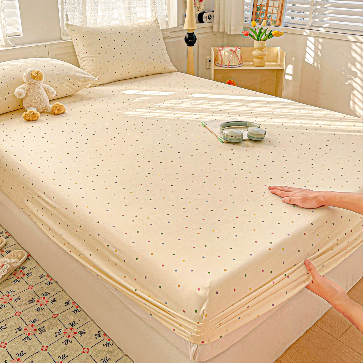 91家纺网 家纺一手货源 找家纺 温眠家纺 2026新款古法水洗棉加厚高克重双层纱单床笠床笠单件单品床笠 彩波波