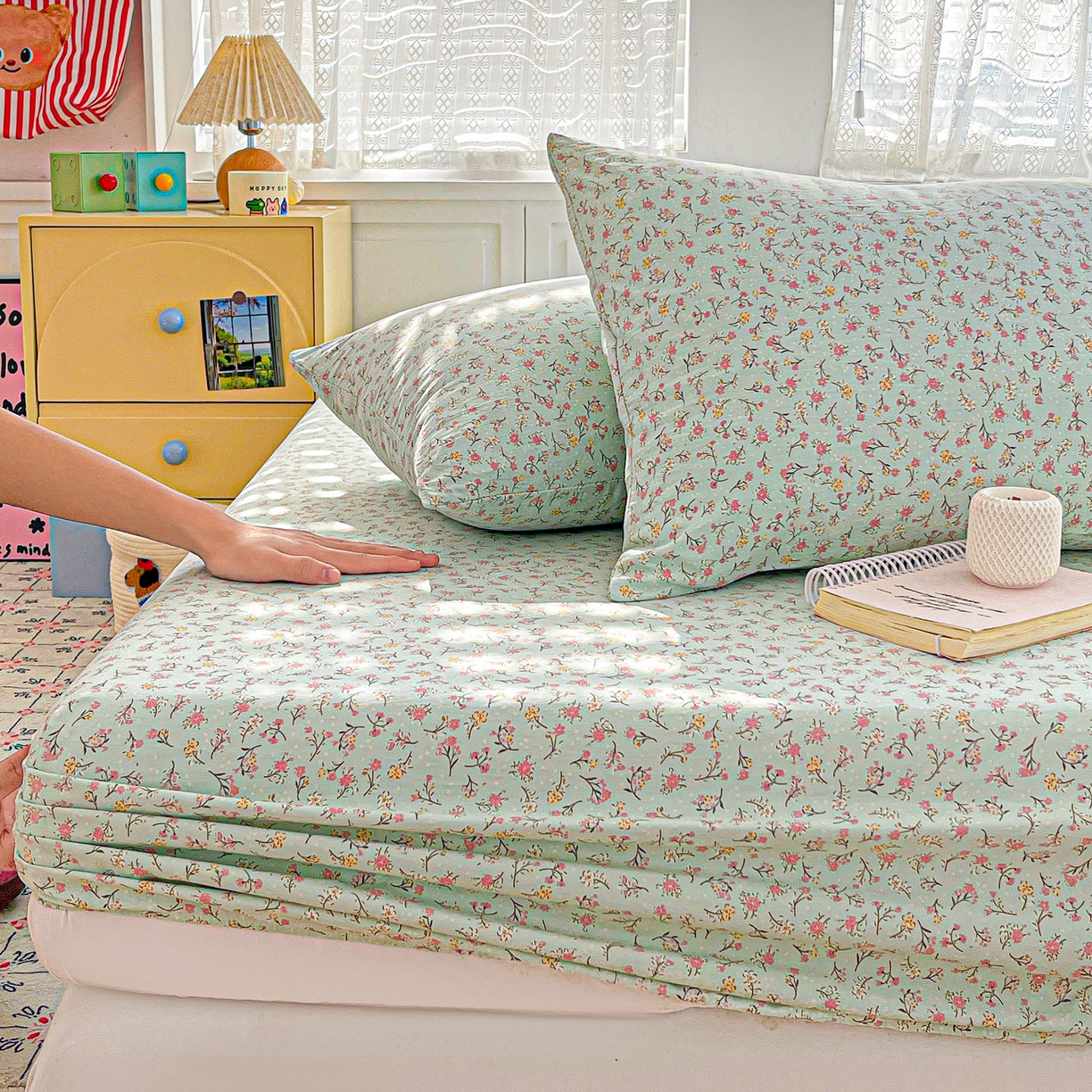 91家纺网 家纺一手货源 找家纺 温眠家纺 2026新款古法水洗棉加厚高克重双层纱单床笠床笠单件单品床笠 绮梦花间