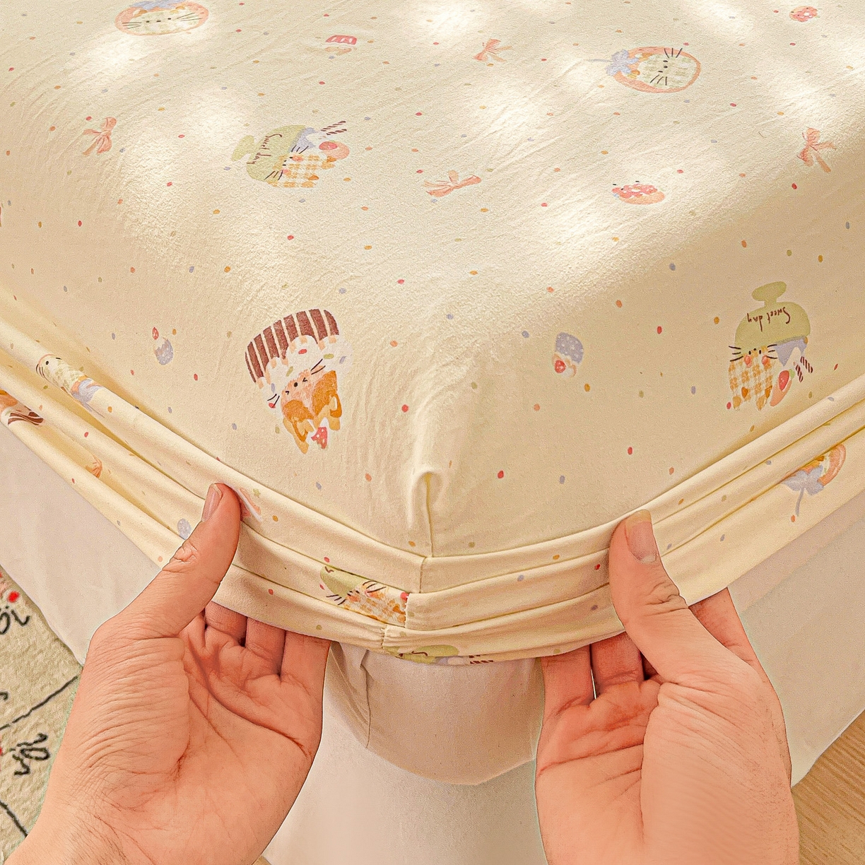 91家纺网 家纺一手货源 找家纺 温眠家纺 2026新款古法水洗棉加厚高克重双层纱单床笠床笠单件单品床笠 蛋糕小猫