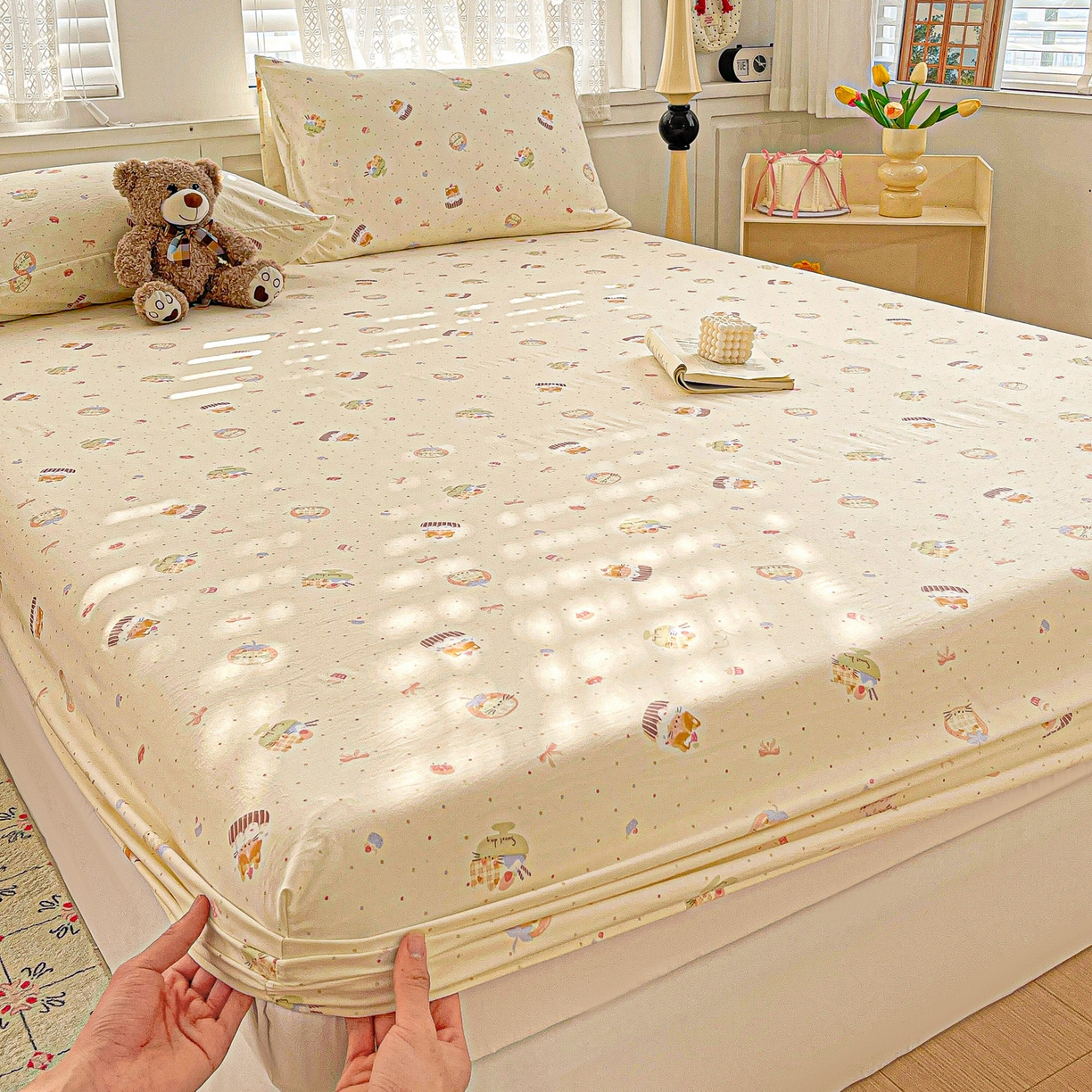 91家纺网 家纺一手货源 找家纺 温眠家纺 2026新款古法水洗棉加厚高克重双层纱单床笠床笠单件单品床笠 蛋糕小猫