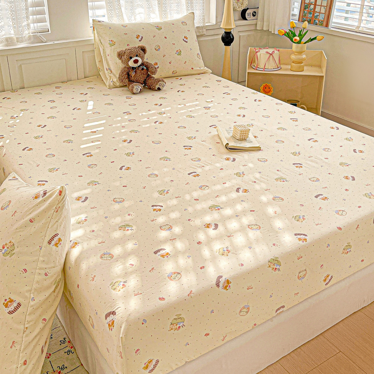 91家纺网 家纺一手货源 找家纺 温眠家纺 2026新款古法水洗棉加厚高克重双层纱单床笠床笠单件单品床笠 蛋糕小猫