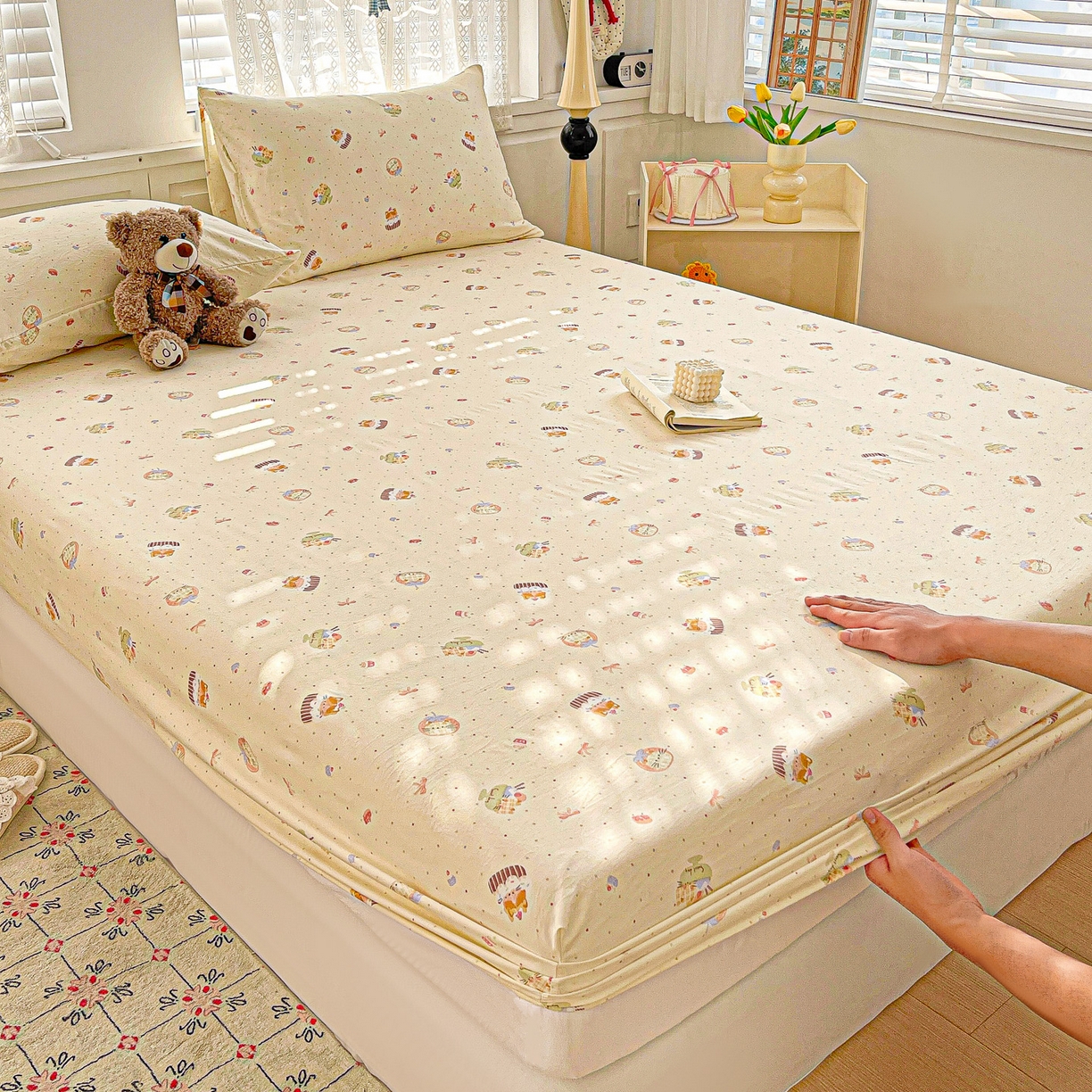 91家纺网 家纺一手货源 找家纺 温眠家纺 2026新款古法水洗棉加厚高克重双层纱单床笠床笠单件单品床笠 蛋糕小猫