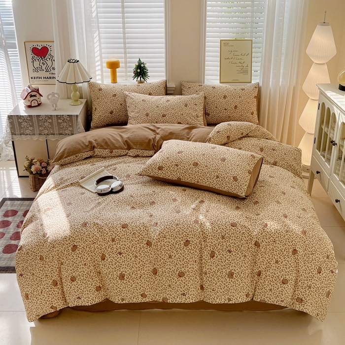 91家纺网 家纺一手货源 找家纺 温眠家纺 2026新款A类古法水洗仿棉云感棉加厚四件套 豹纹猫咪-咖