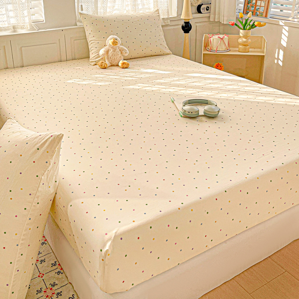 91家纺网 家纺一手货源 找家纺 温眠家纺 2026新款古法水洗棉加厚高克重双层纱单床笠床笠单件单品床笠 彩波波