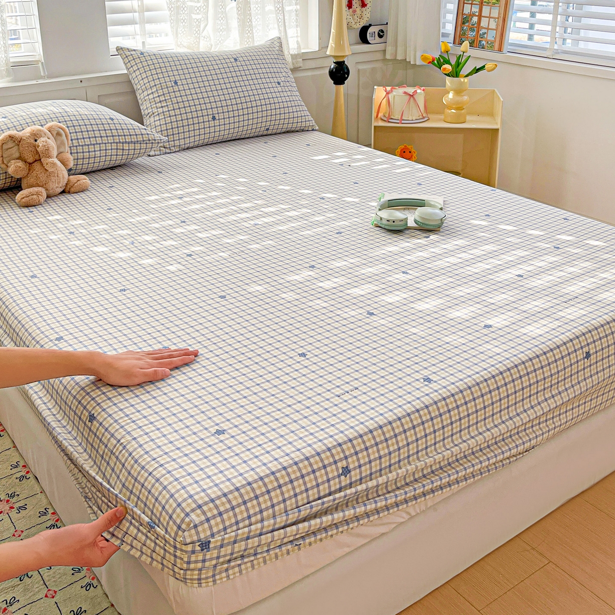 91家纺网 家纺一手货源 找家纺 温眠家纺 2026新款古法水洗棉加厚高克重双层纱单床笠床笠单件单品床笠 挽星入梦