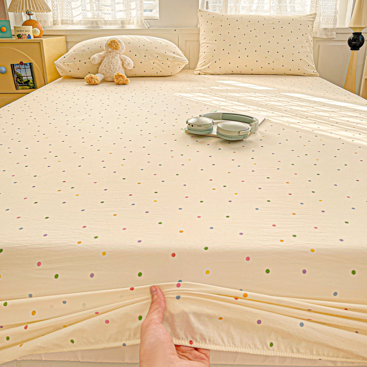 91家纺网 家纺一手货源 找家纺 温眠家纺 2026新款古法水洗棉加厚高克重双层纱单床笠床笠单件单品床笠 彩波波