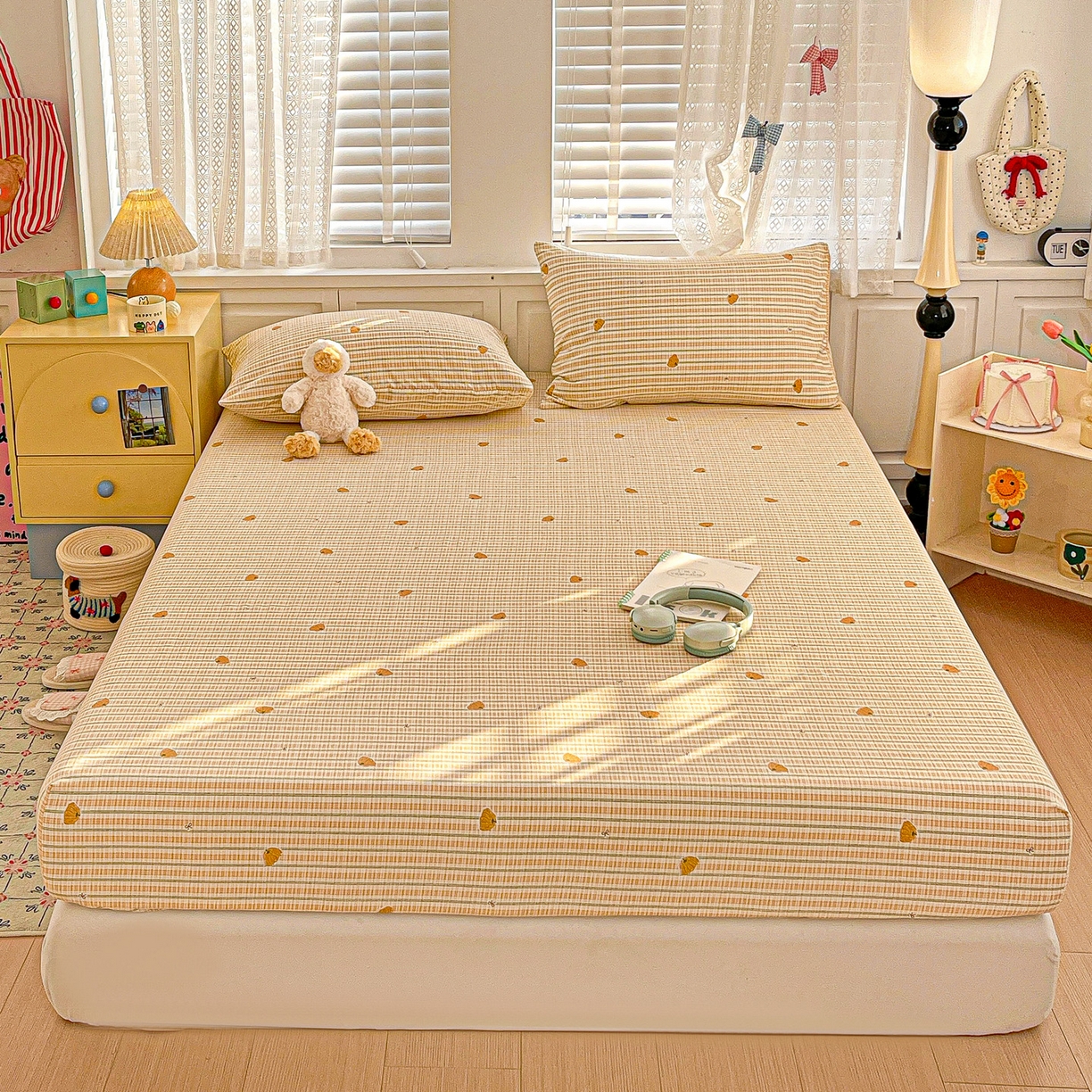 91家纺网 家纺一手货源 找家纺 温眠家纺 2026新款古法水洗棉加厚高克重双层纱单床笠床笠单件单品床笠 条纹南瓜