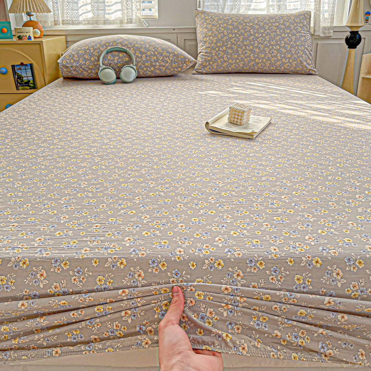 91家纺网 家纺一手货源 找家纺 温眠家纺 2026新款古法水洗棉加厚高克重双层纱单床笠床笠单件单品床笠 扶桑花未落