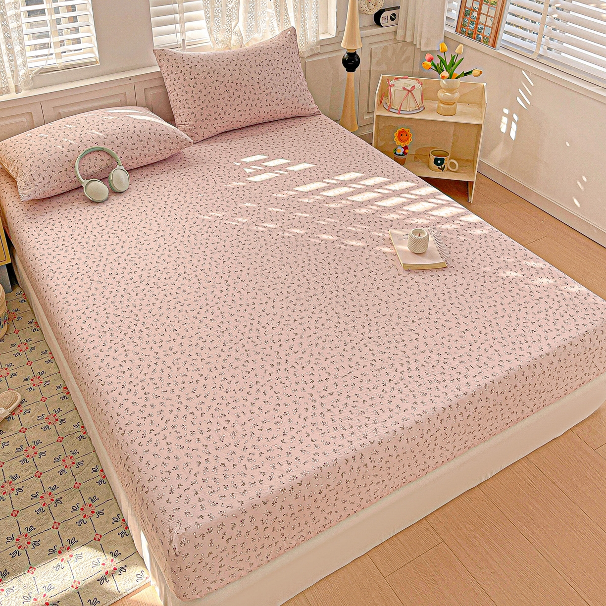 91家纺网 家纺一手货源 找家纺 温眠家纺 2026新款古法水洗棉加厚高克重双层纱单床笠床笠单件单品床笠 花韵