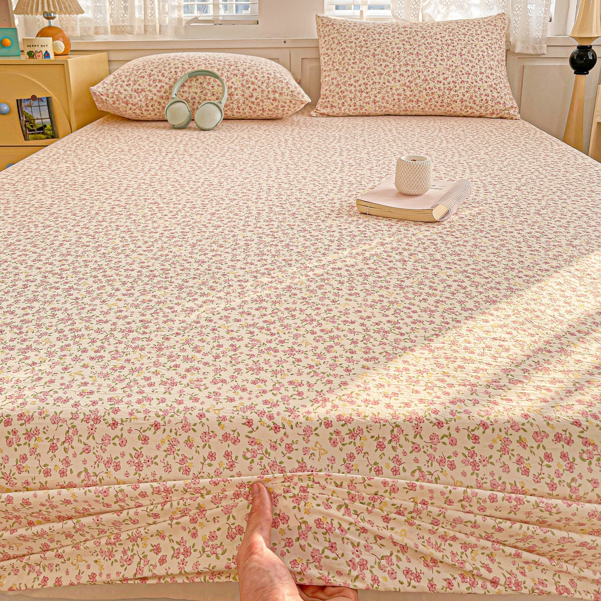 91家纺网 家纺一手货源 找家纺 温眠家纺 2026新款古法水洗棉加厚高克重双层纱单床笠床笠单件单品床笠 云间花述