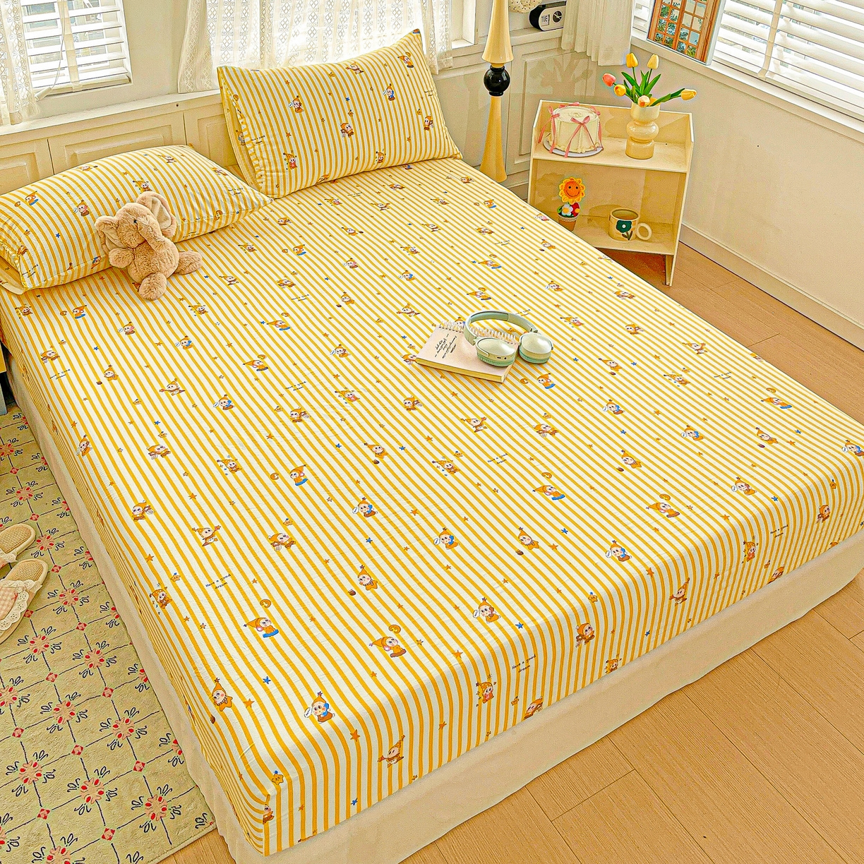 91家纺网 家纺一手货源 找家纺 温眠家纺 2026新款古法水洗棉加厚高克重双层纱单床笠床笠单件单品床笠 星星人