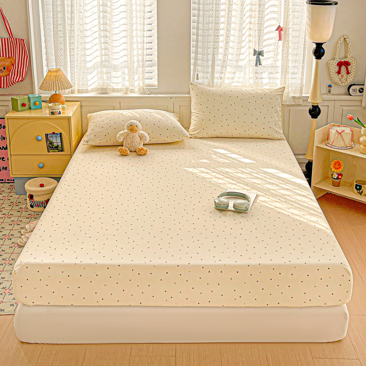 温眠家纺 2026新款古法水洗棉加厚高克重双层纱单床笠床笠单件单品床笠 彩波波