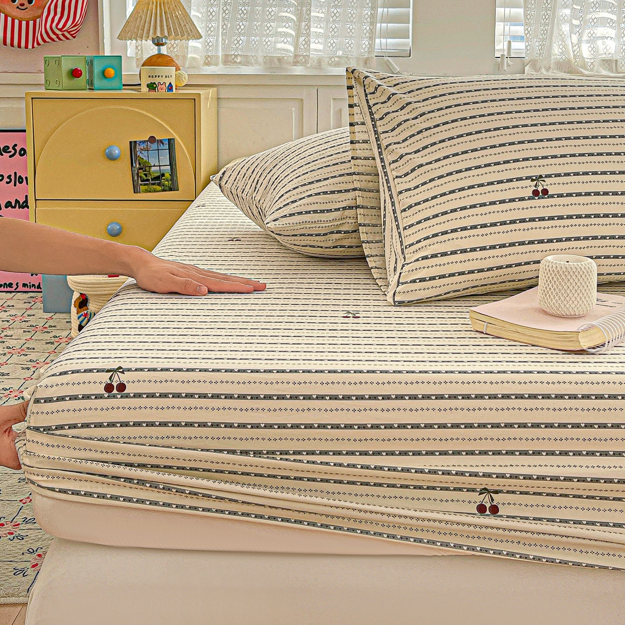 91家纺网 家纺一手货源 找家纺 温眠家纺 2026新款古法水洗棉加厚高克重双层纱单床笠床笠单件单品床笠 樱之桃桃