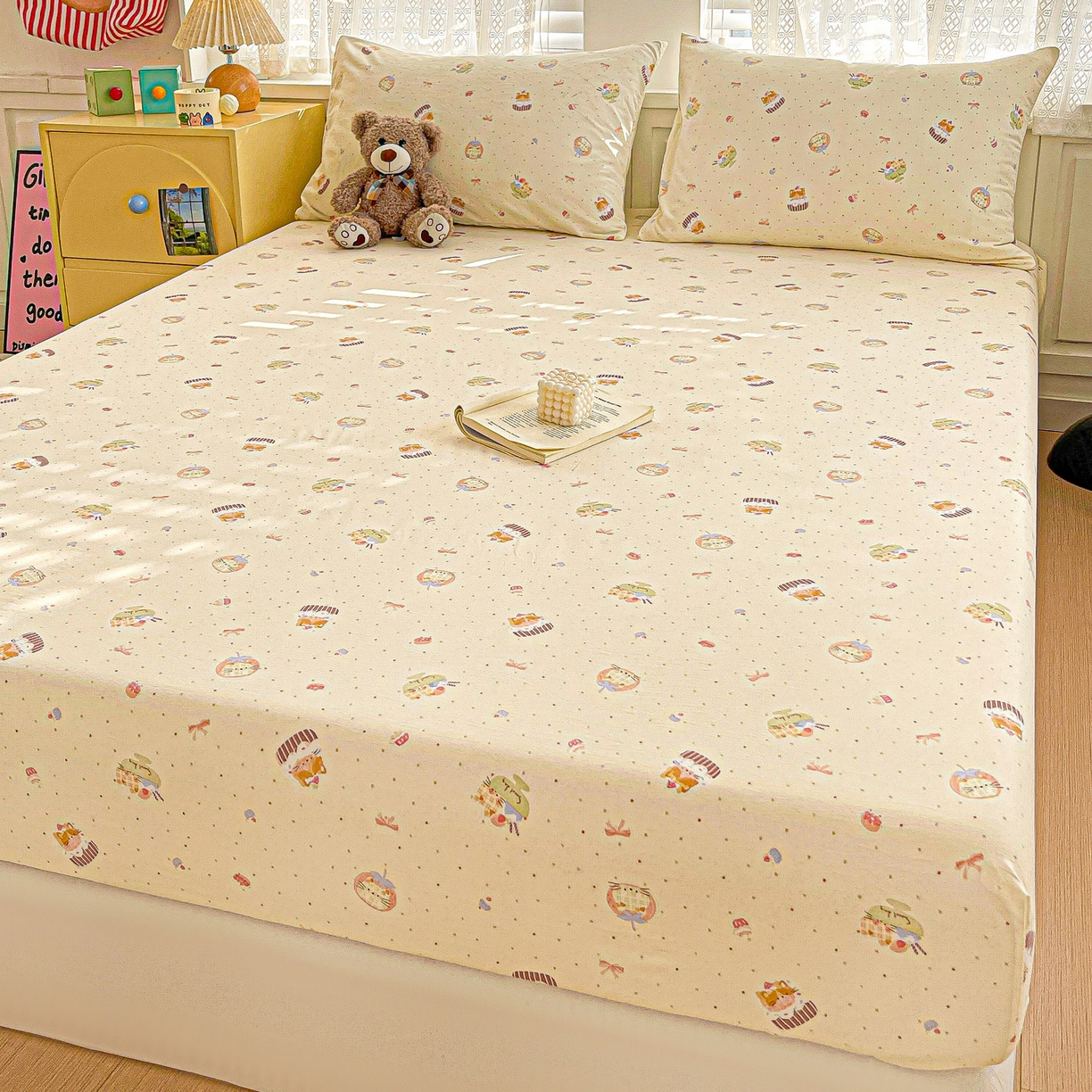 91家纺网 家纺一手货源 找家纺 温眠家纺 2026新款古法水洗棉加厚高克重双层纱单床笠床笠单件单品床笠 蛋糕小猫