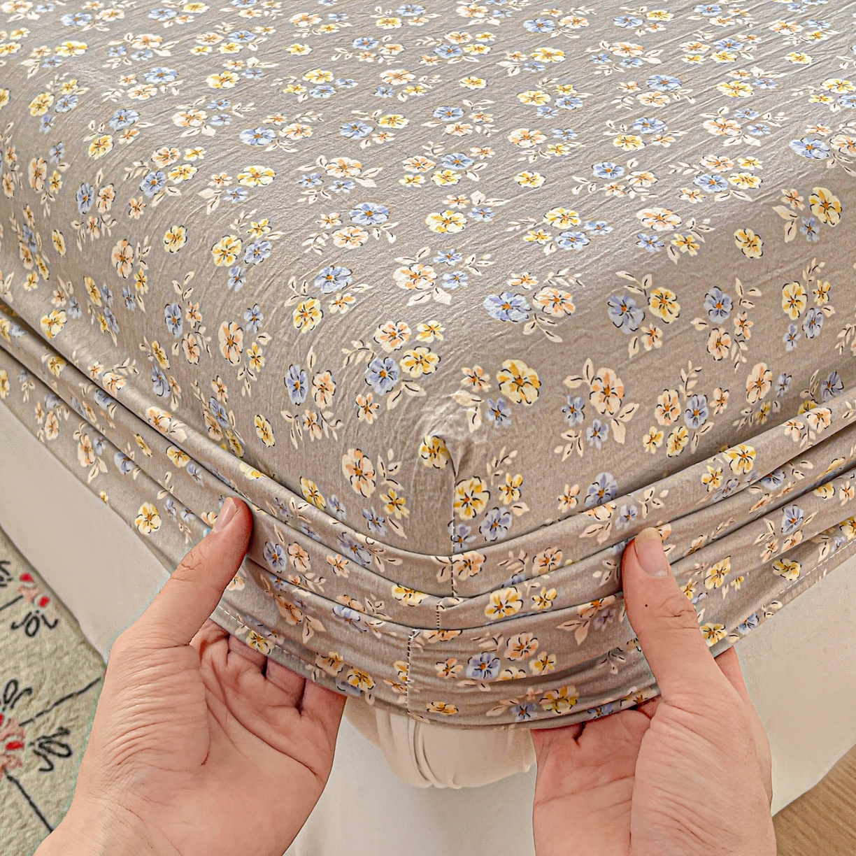 91家纺网 家纺一手货源 找家纺 温眠家纺 2026新款古法水洗棉加厚高克重双层纱单床笠床笠单件单品床笠 扶桑花未落