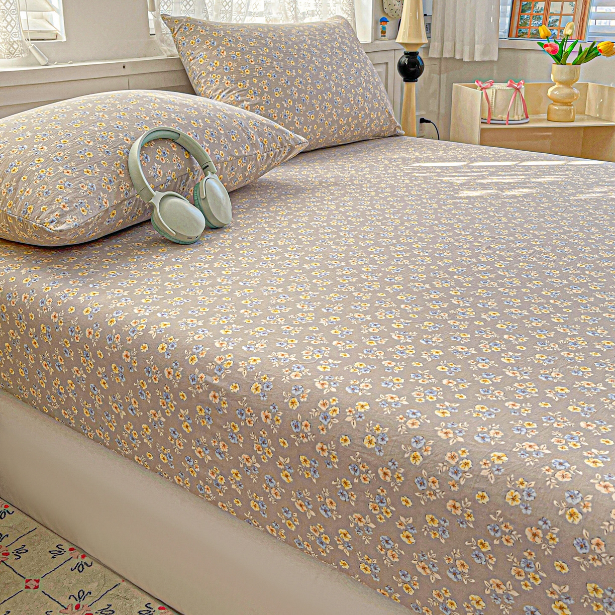 91家纺网 家纺一手货源 找家纺 温眠家纺 2026新款古法水洗棉加厚高克重双层纱单床笠床笠单件单品床笠 扶桑花未落