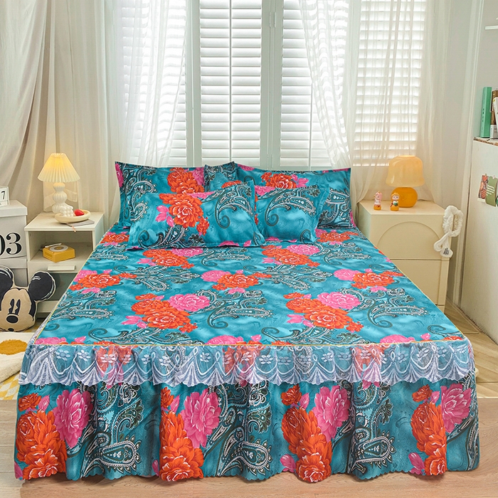 小雨家纺 2026新款亲肤芦荟棉外贸蕾丝花边床裙 向阳而生