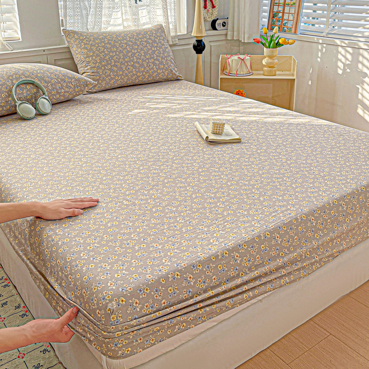 91家纺网 家纺一手货源 找家纺 温眠家纺 2026新款古法水洗棉加厚高克重双层纱单床笠床笠单件单品床笠 扶桑花未落