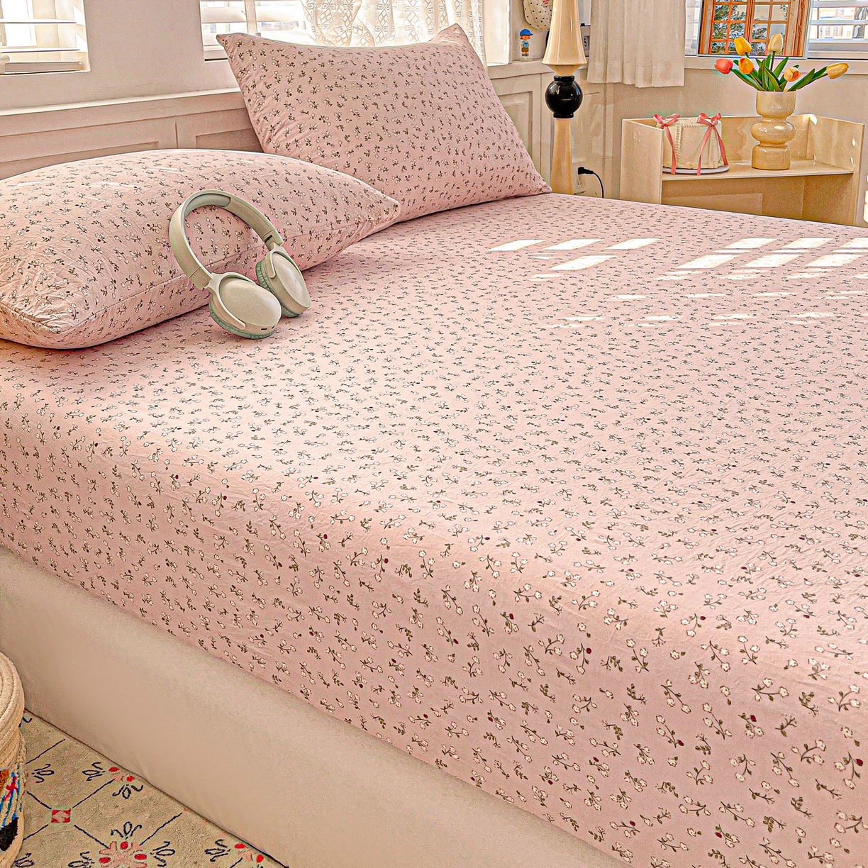 91家纺网 家纺一手货源 找家纺 温眠家纺 2026新款古法水洗棉加厚高克重双层纱单床笠床笠单件单品床笠 花韵