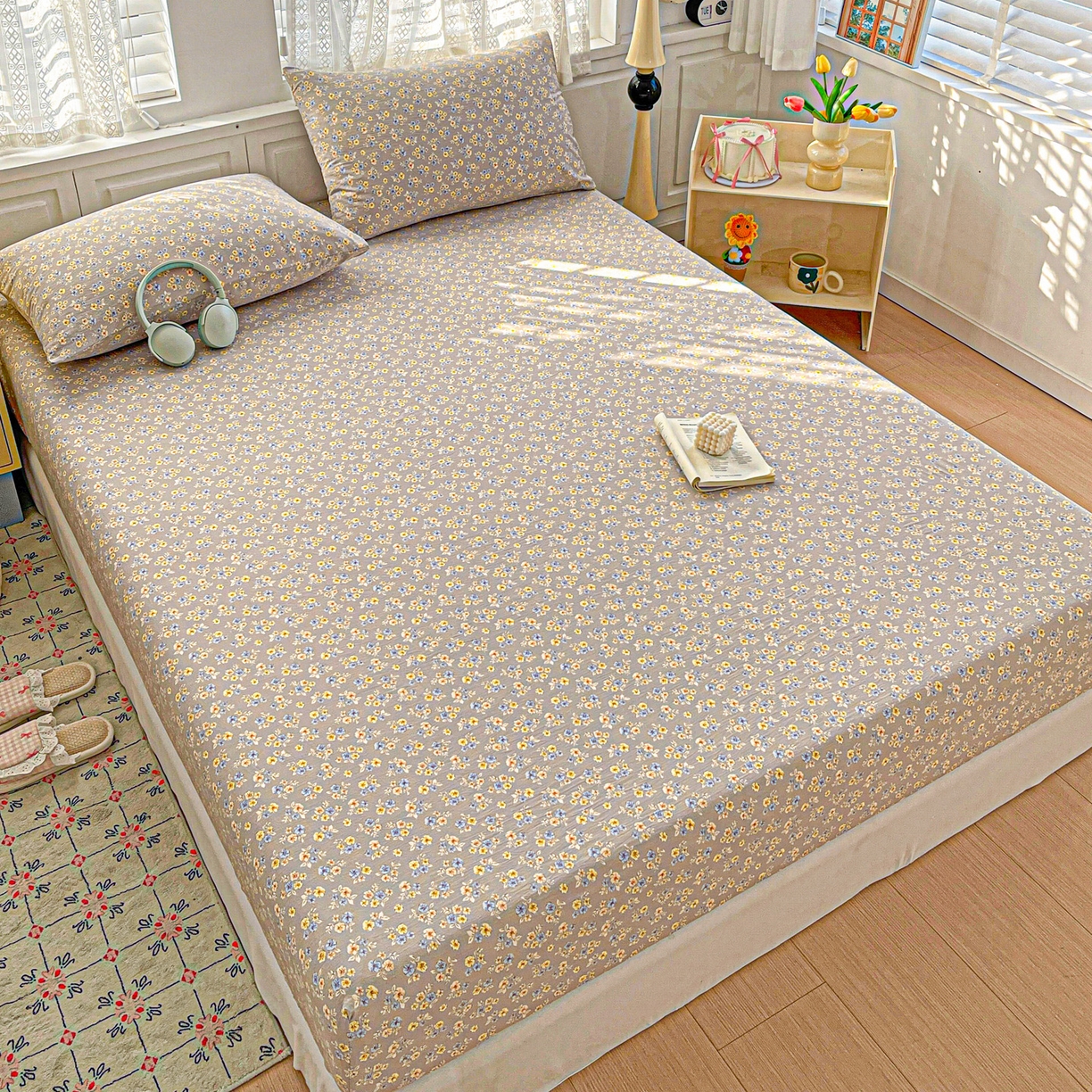 91家纺网 家纺一手货源 找家纺 温眠家纺 2026新款古法水洗棉加厚高克重双层纱单床笠床笠单件单品床笠 扶桑花未落